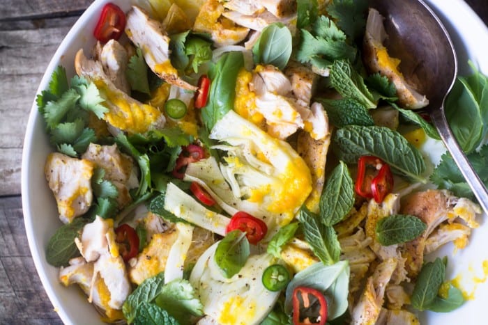 Saffron chicken and herb salad